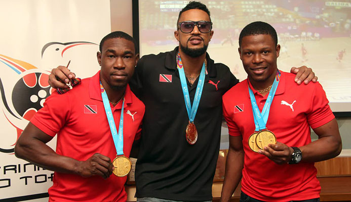 In this file photo, TT cyclists Keron Bramble, from left, Njisane Phillip and Nicholas Paul pose with their 2019 Pan American Games medals at the TT Olympic House in Port of Spain, on Aug 7. The trioare in search of gold tonight at the Elite Pan American Cycling Championships, in Bolivia. PHOTO BY SUREASH CHOLAI