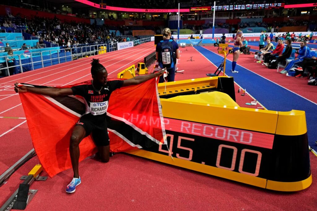 Jereem Richards, of Trinidad and Tobago, poses after winning and setting a new championship record in the men's 400 metres at the World Athletics Indoor Championships in Belgrade, Serbia, on Saturday. (AP PHOTOS)