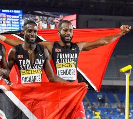 Flashback: Jereem Richards and Deon Lendore celebrate after winning the 4x400m relay final at the IAAF World Relays in Yokohama, Japan, in 2019.  AP