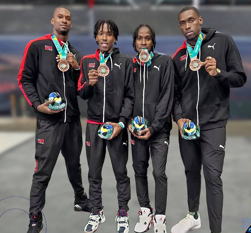 TT 3x3 men’s basketballers (from left) Chike Augustine, brothers Ahkeel and Ahkeem Boyd, and Moriba de Freitas with their Pan Am Games bronze medals in Santiago, Chile. - (Image obtained at newsday.co.tt)