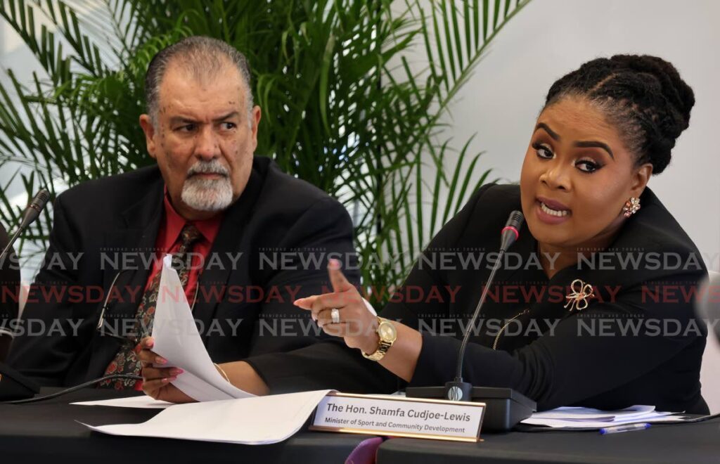 Minister of Sport and Community Development Shamfa Cudjoe-Lewis makes her remarks alongside Larry Romany, SporTT chairman at a press conference held at the VIP Lounge, Hasely Crawford Stadium, Mucurapo on August 13. - Photo by Roger Jacob (Image obtained at newsday.co.tt)