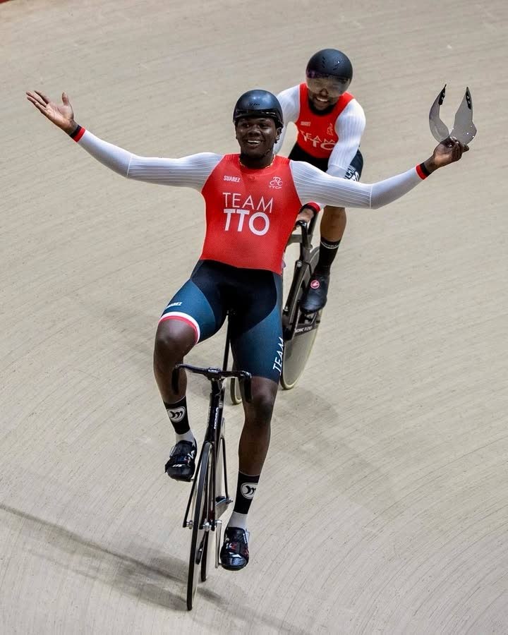 TT cyclist Danell James (foreground) reacts after a ride in the men's team sprint event at the Junior Pan American Games in Asuncion, Paraguay on August 12. - Photo courtesy Juegos Panamericanos Junior on Instagram (Image obtained at newsday.co.tt)